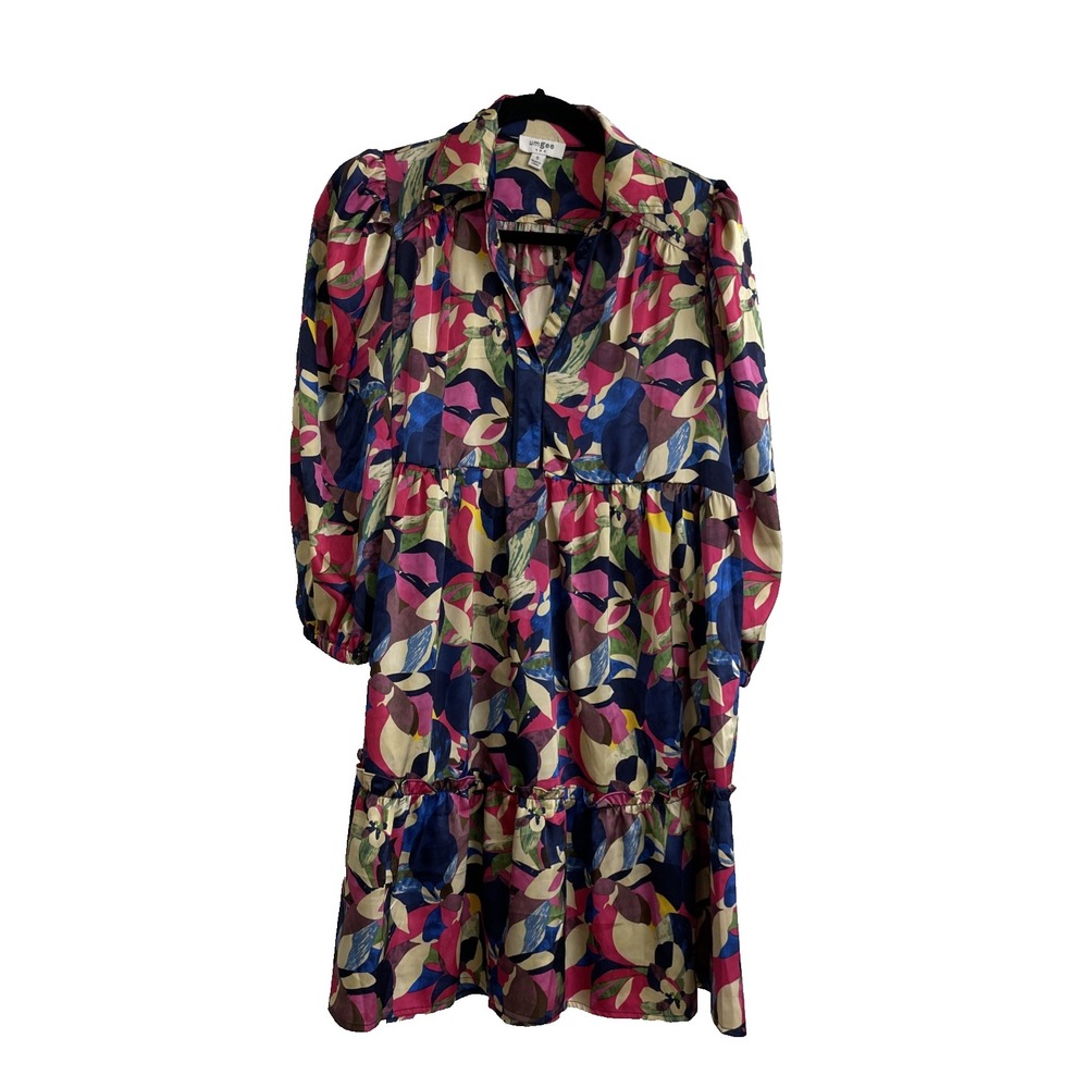 Umgee Midi Dress Womens Small Red Blue Floral Tiered Longsleeve Boho Summer beac